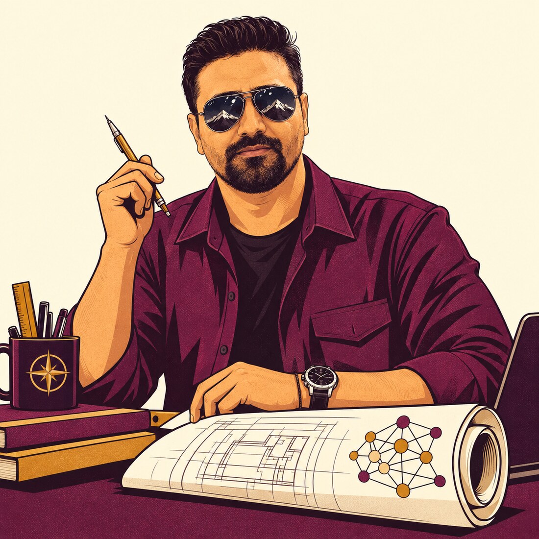 Illustrated portrait of Vinaay Patil at his desk, aviators on, holding a pencil over a blueprint with a neural-network doodle in the corner.