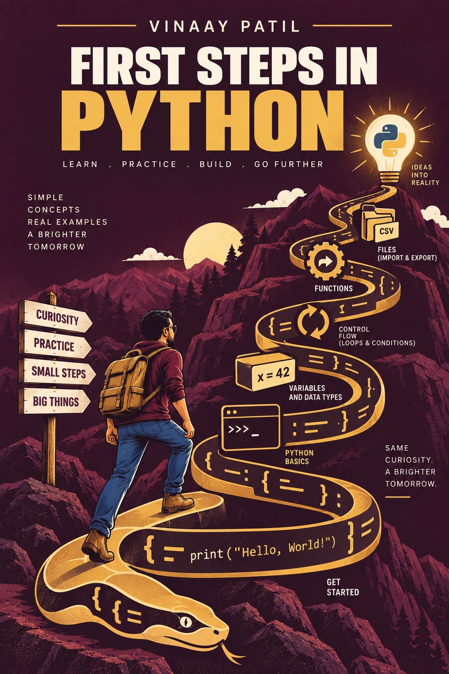 Book cover: First Steps in Python by Vinaay Patil, illustrated as a hiker walking a path shaped like a python snake made of code brackets, past variables, loops, and functions, toward a glowing lightbulb.