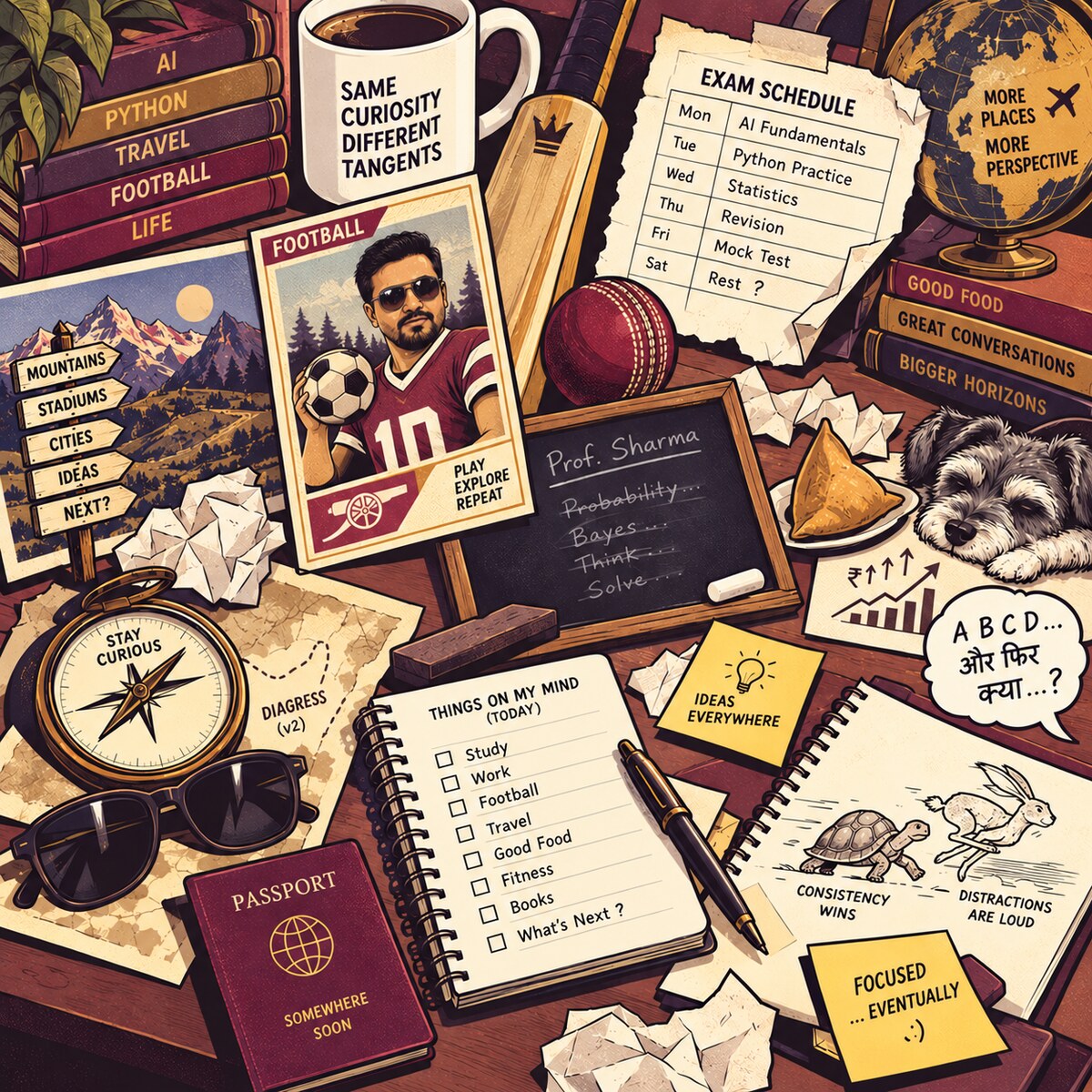 Illustrated desk scene for I Diagress: a notebook open to 'Days Under the Crescent Sun,' a football with an Arsenal crest, a passport, a sleepy dog, and a speech bubble of scrambled letters.